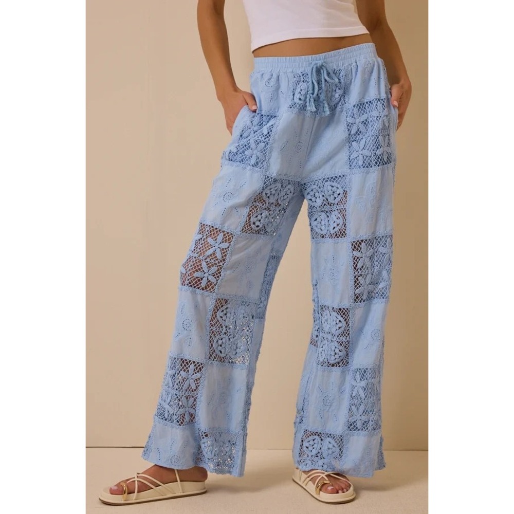 Altar'd State Hibiscus Patchwork Crochet Pants Light Blue Large Wide Leg Boho